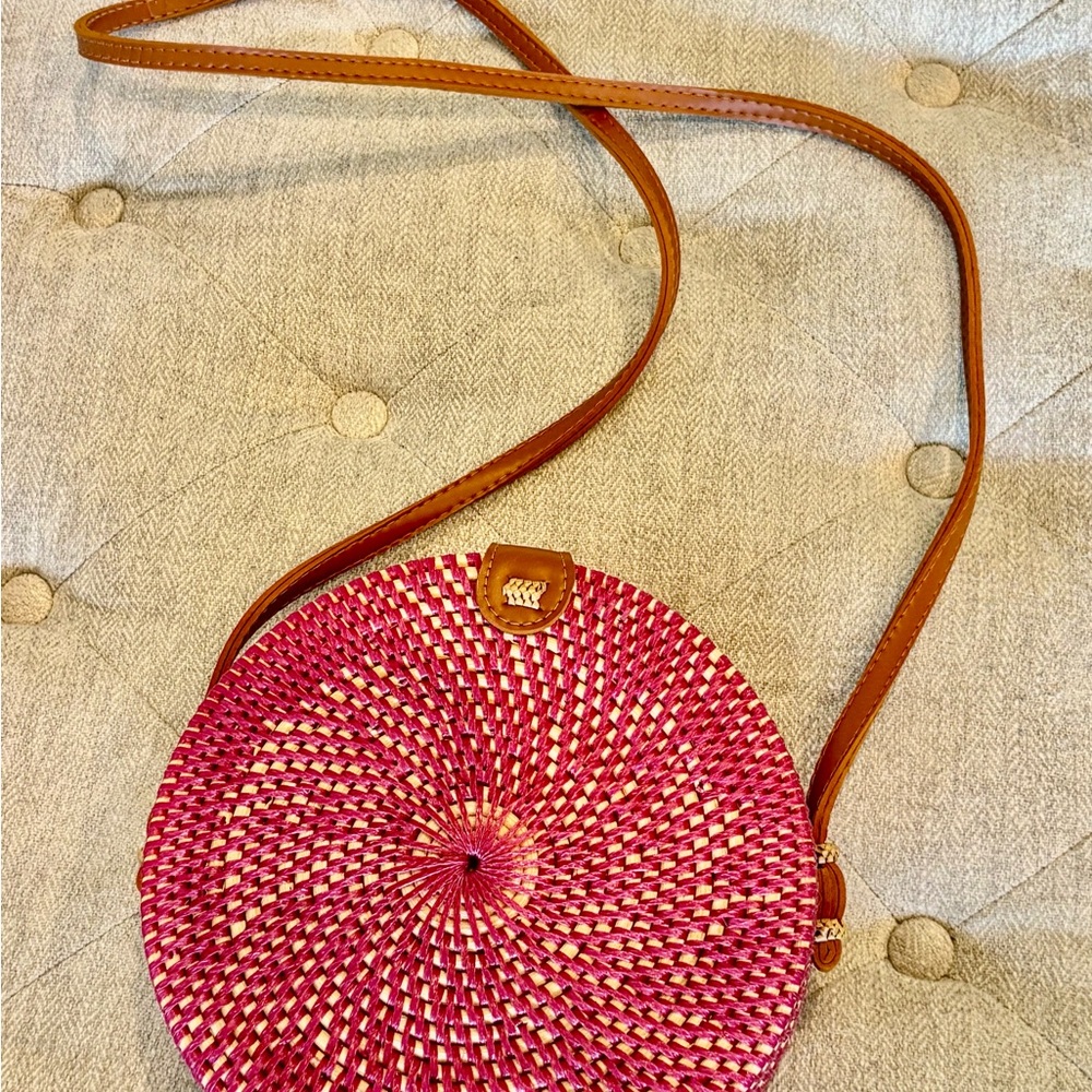 Summer Pink Round Rattan Bamboo Sustainable Textile Crossbody Bag - Picture 2 of 13